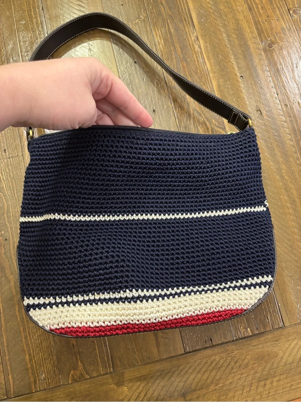 The Sak Navy Crochet Shoulder Bag with Red & Cream Stripes